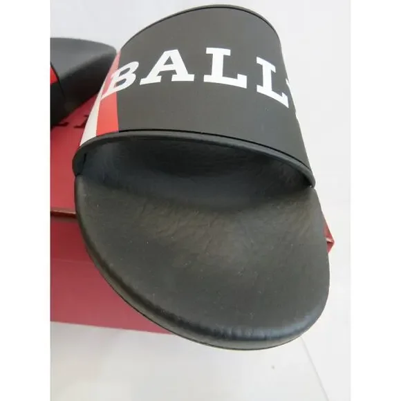 NIB BALLY SIMON BLACK RUBBER RED WHITE WEB LOGO SANDALS POOL SLIDES 9 D ITALY